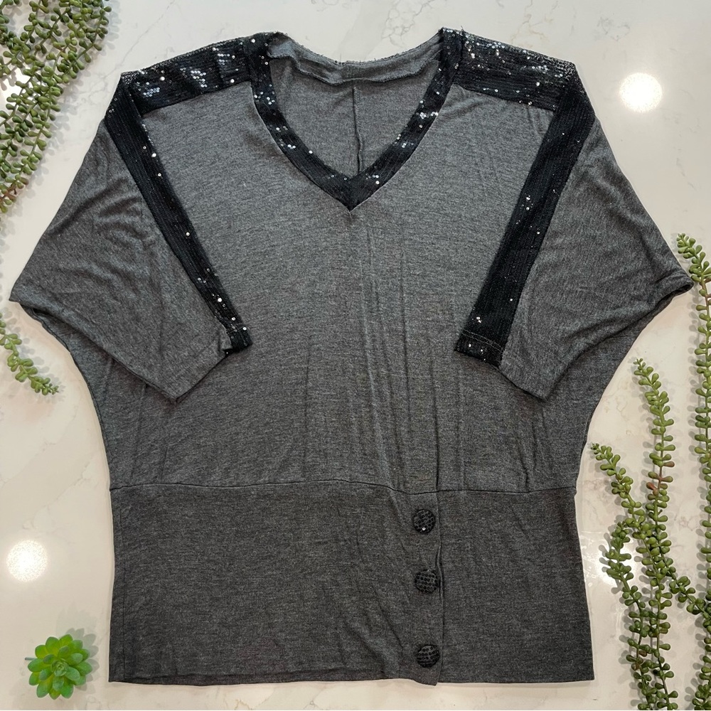 B & Lu Gray with Black Sequin Accent Bat Wing Top - Excellent Condition